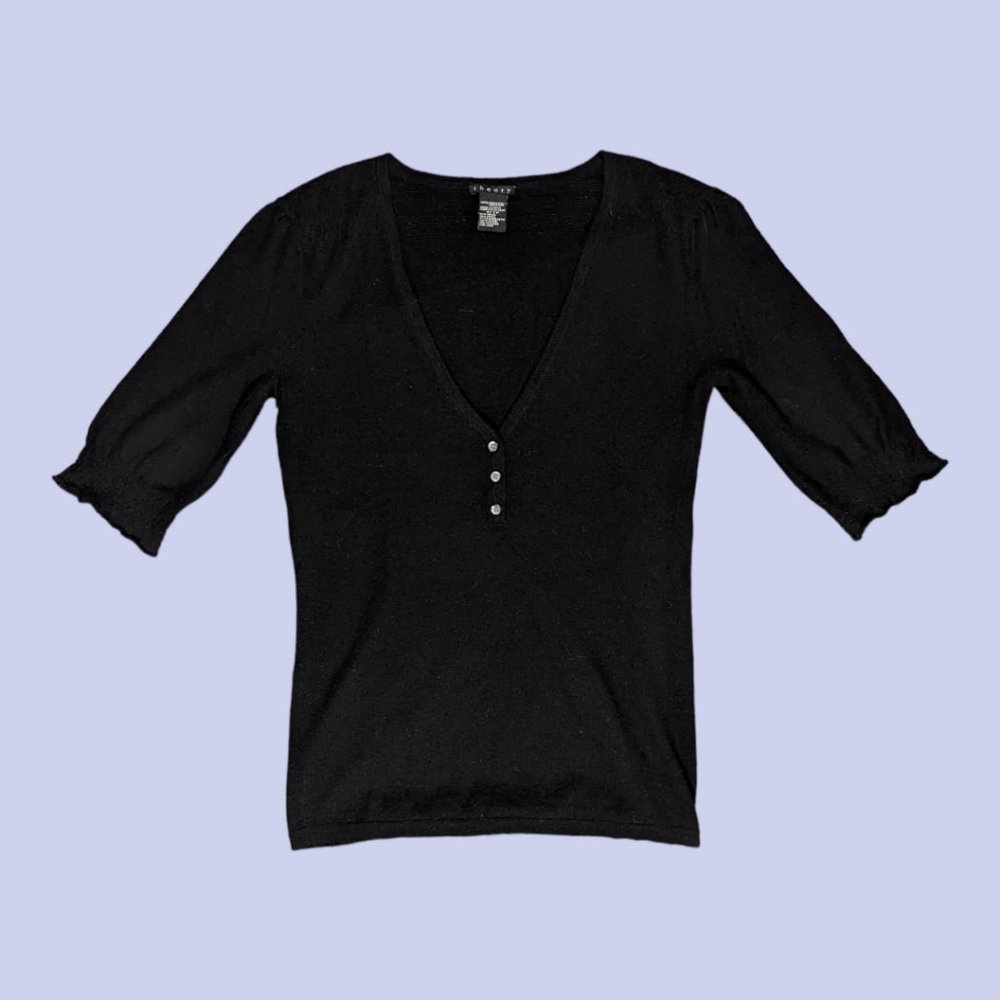 Theory | Women's Cashmere Short Sleeve Button Front V-Neck Black Petite XS
